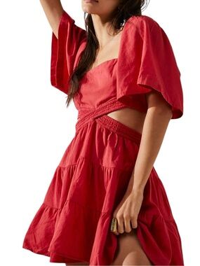Free People | Cross of Sunlight Linen Blend Mini Dress with Pockets Red | Small